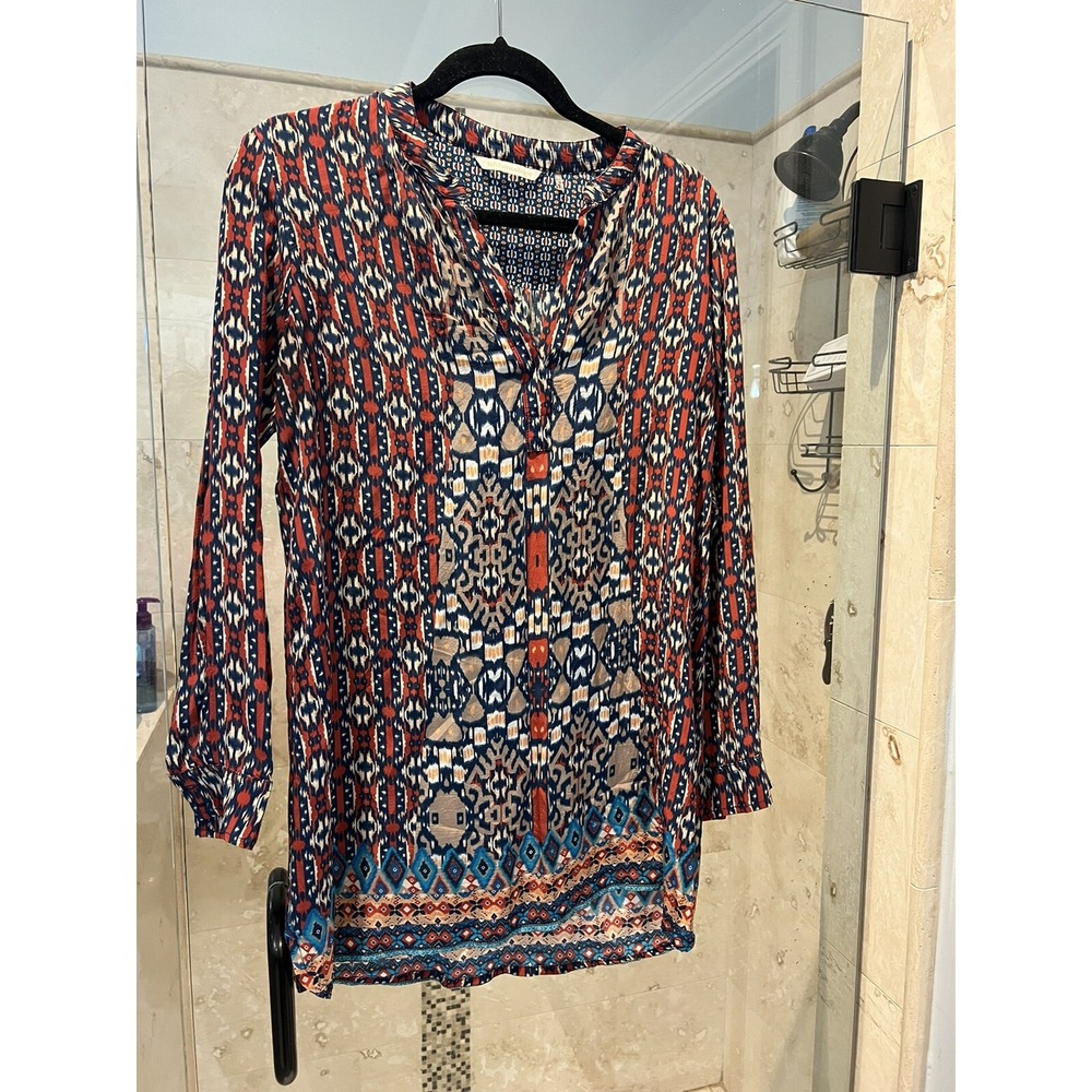 Soft Surroundings Maroon Blue Ikat Roll Tab Sleeve Tunic Top 2AD17 S